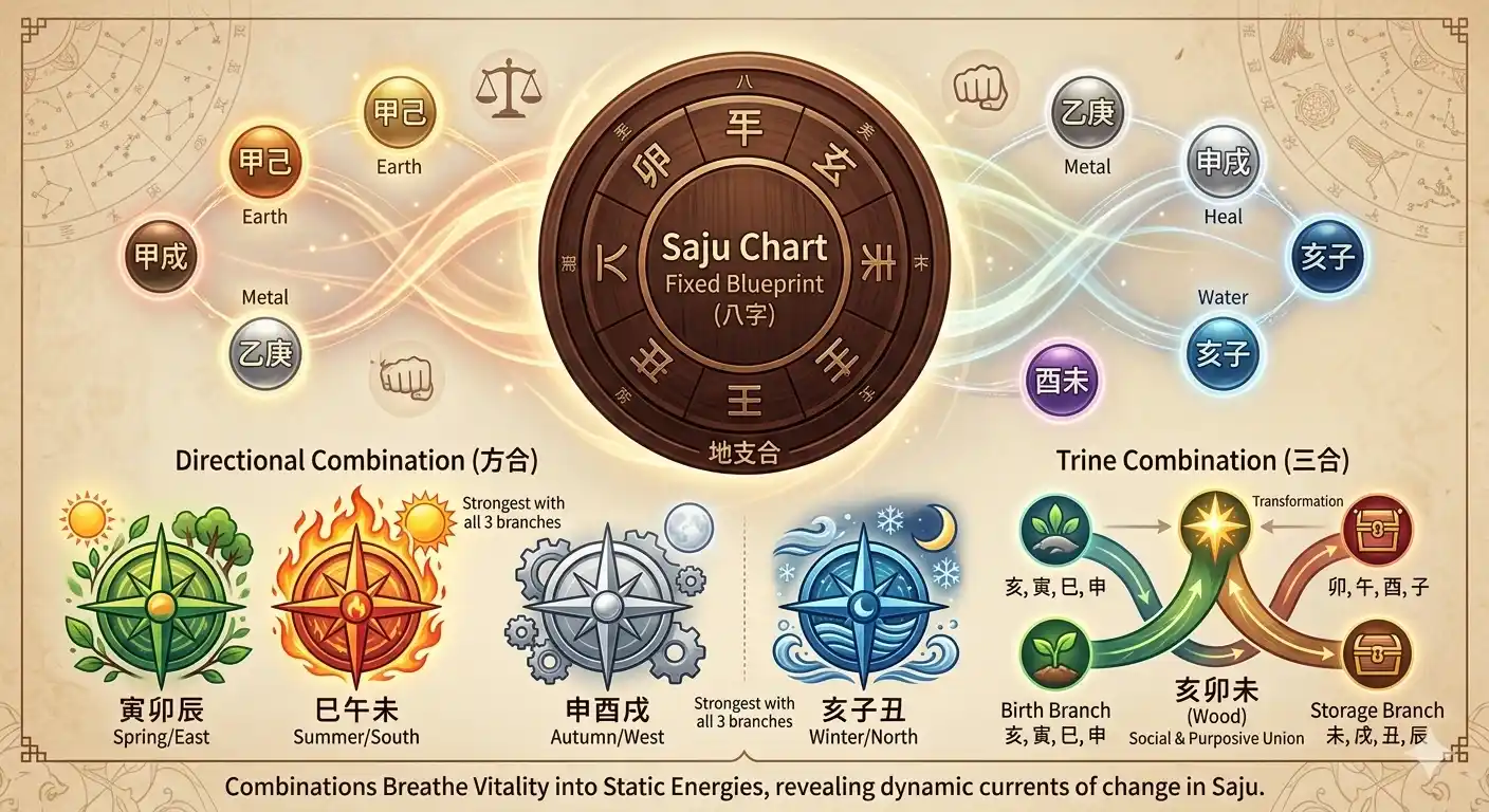 This is a comprehensive infographic design illustrating the principles of Heavenly Stem Combinations, Directional Combinations, and Trine Combinations in Saju. At the center lies a circular, compass-like chart symbolizing the "fixed blueprint" of the Four Pillars of Destiny. The upper section depicts the five Heavenly Stem Combinations (such as 甲己 and 乙庚) along with their elemental transformation processes. The lower left features icons representing the four Directional Combinations (such as 寅卯辰 and 巳午未) which correspond to specific seasons and cardinal directions. To the lower right, a dynamic energy flow diagram illustrates the Trine Combinations (such as 亥卯未), showcasing the three-stage progression through the Birth, Peak, and Storage branches. The entire composition is set against an antique parchment texture, harmonizing the traditional five-element colors—blue, red, yellow, white, and black—into a professional and educational aesthetic.