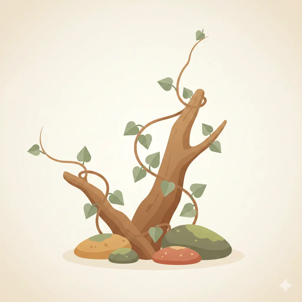Created with Nano Banana — Conceptual illustration representing 乙(eul) Wood energy in East Asian philosophy, delicate climbing vine plant growing and adapting around natural supports, soft organic shapes, calm earth tone palette, educational infographic style, clean minimal background, modern flat design, no text, high resolution, square composition