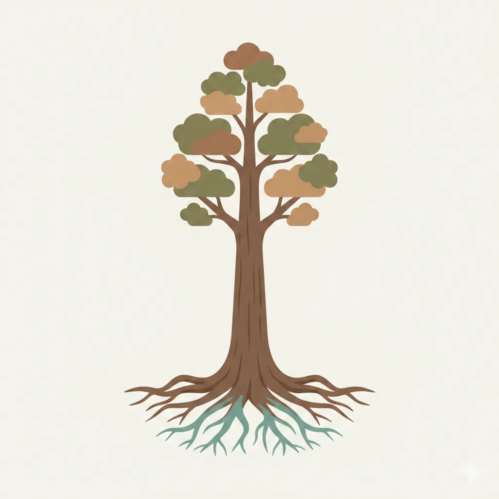 Created with Nano Banana — Circular five elements inspired illustration showing a dominant tall tree representing 甲(gap) Wood energy, clean modern educational style, soft natural lighting, minimal background, infographic aesthetic, no text.