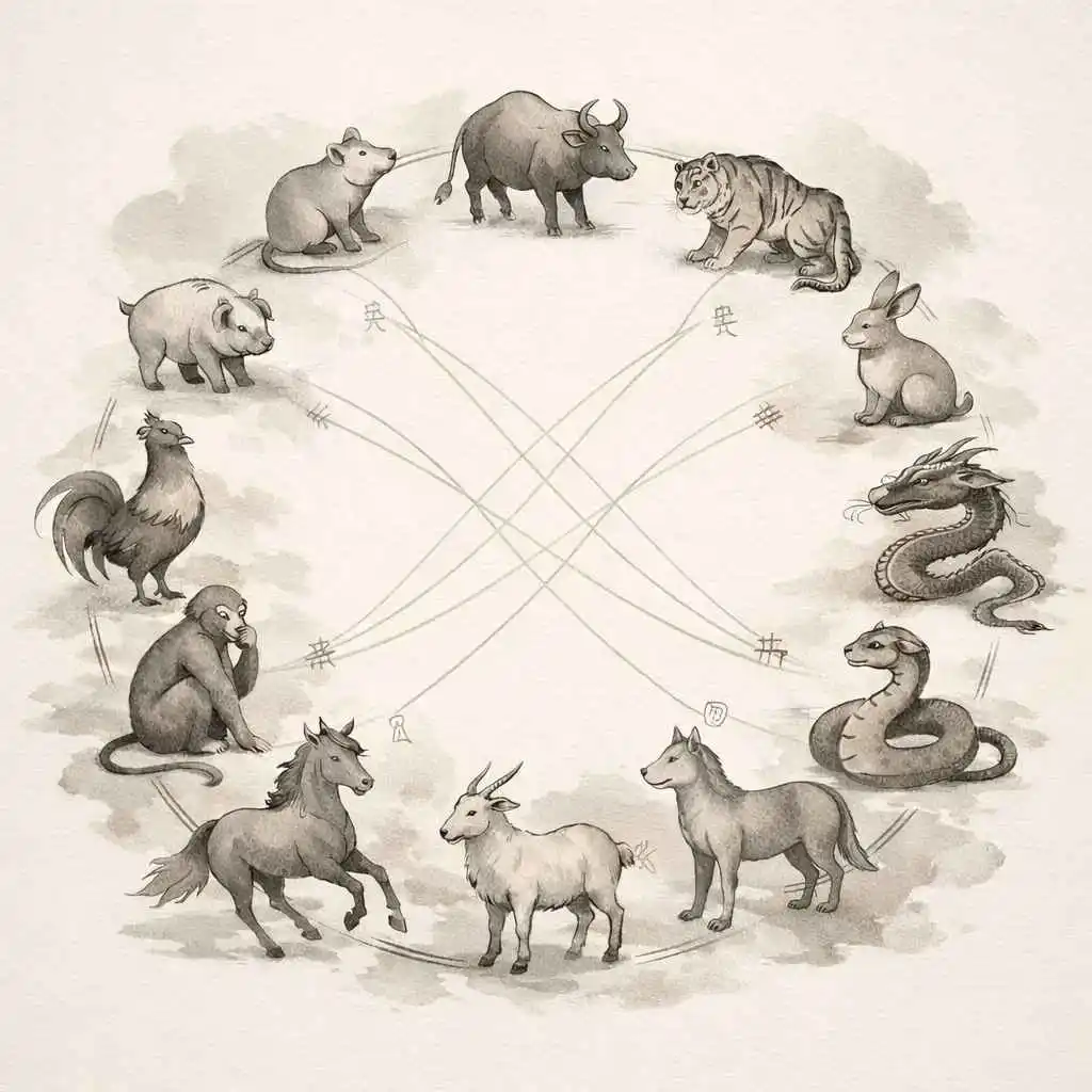 Four Pillars Saju conceptual diagram showing the twelve earthly branches in a circular order with clash pair connections in elegant East Asian ink style