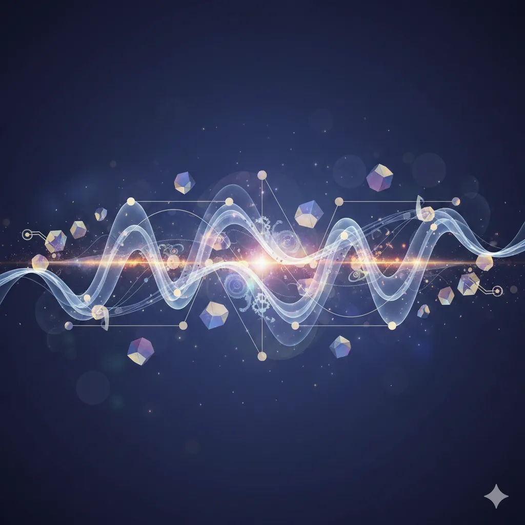 Created with Nano Banana — Abstract visualization of Saju chart harmony depicting energy waves and geometric structures that represent the interplay of Four Pillars elements