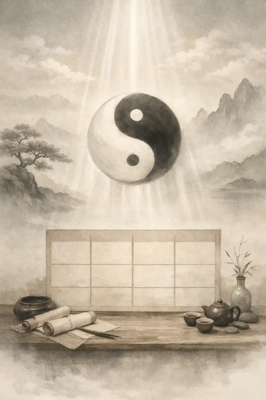 Conceptual illustration of noble stars in Four Pillars Saju analysis with balanced yin yang energy