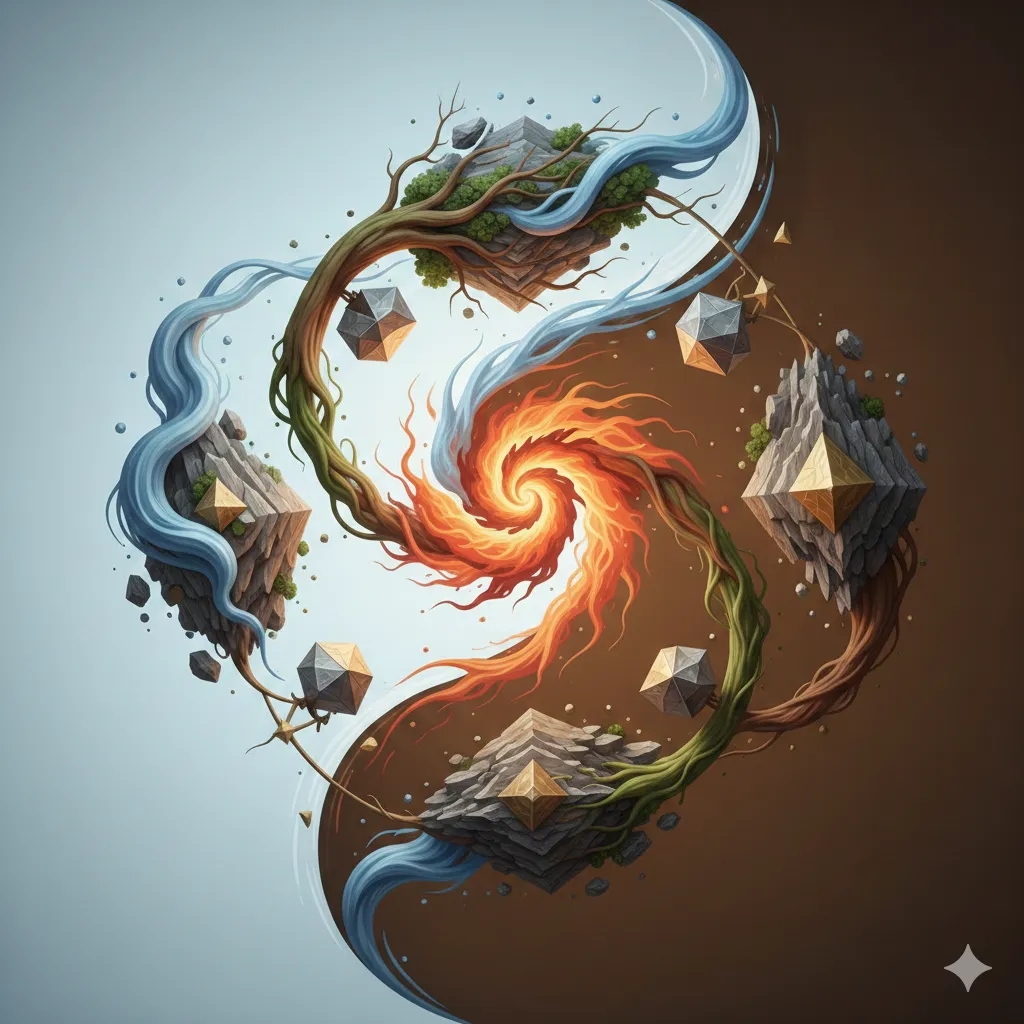 Created with Nano Banana — Spiral illustration of the Five Elements (Wood, Fire, Earth, Metal, Water) that form the basis of the Ten Stars system in Saju analysis