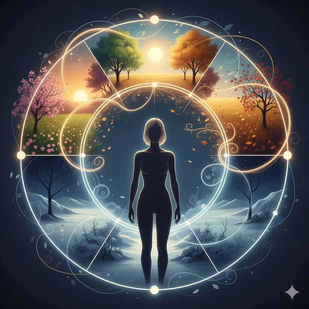 Created with Nano Banana — Circular illustration of the 12 Stages of Energy lifecycle showing the four seasons and a human silhouette representing birth, growth, peak, and renewal