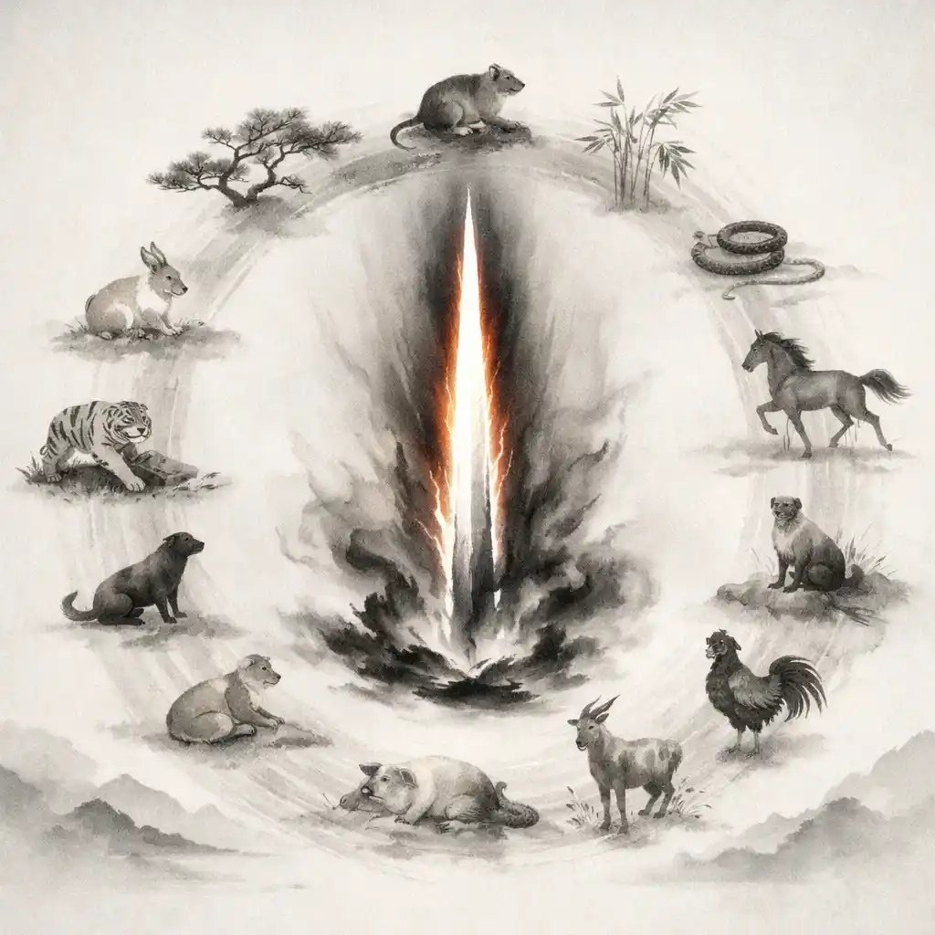 East Asian ink painting showing the twelve zodiac animals arranged in a circle around a central flame-blade, illustrating the Yangin Blade Type's peak position in the twelve Earthly Branch cycle